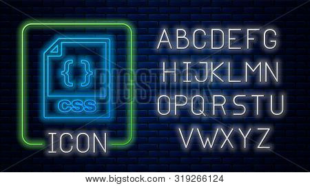 Glowing Neon Css File Document. Download Css Button Icon Isolated On Brick Wall Background. Css File
