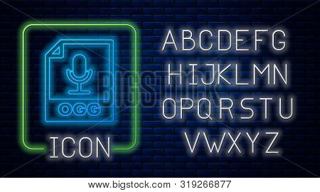 Glowing Neon Ogg File Document. Download Ogg Button Icon Isolated On Brick Wall Background. Ogg File