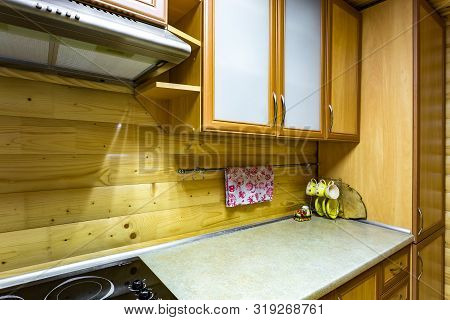 Grodno, Belarus - August, 2019: Interior Of Hall Interior Of Eco Kitchen With Wooden Furniture