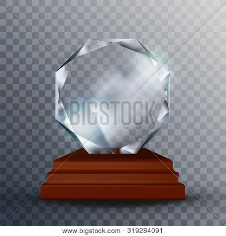 Modern Reflection Blank Glass Trophy Award Vector. Concept Of Glossy Blank Round Trophy On Wooden Pe