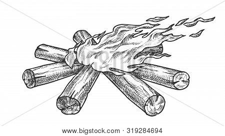 Torch Flame Blowing In Wind Monochrome Vector. Burning Starburst Timbers Flame Fireplace. Camping To