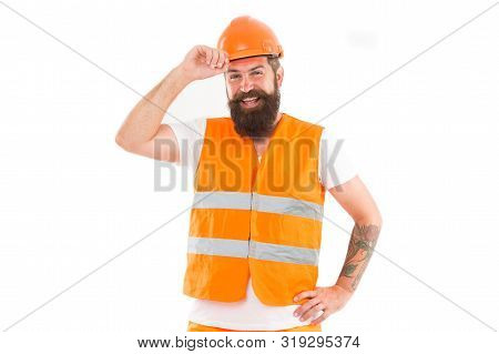 Strong Handsome Builder. Creating Solid Foundation. Man Protective Hard Hat And Uniform White Backgr