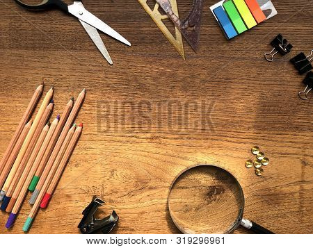 Pencils And School Supplies On Wooden Table. Back To School Concept. Copy Space