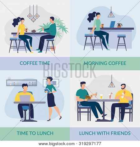 Set Bright Flyer Is Written Lunch With Friends. Poster Inscription Coffee Time, Morning Coffee, Time