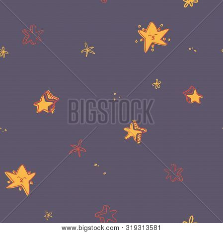 Vector Beary Night With Shiny Stars Seamless Pattern Background.