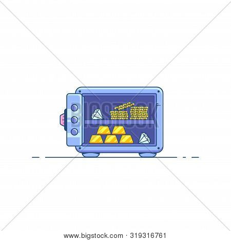 Safe Box With Money Savings Isolated On White Background. Stacks Of Coins, Diamonds And Gold Bar. Fl