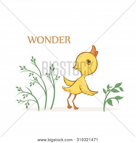 Vector Hand-drawn Illustration Of A Cute Wondering Yellow Duckling With Green Plants On A White Back