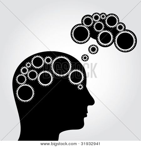 Vector illustration astratta del pensiero con ingranaggi nel cervello e cloud