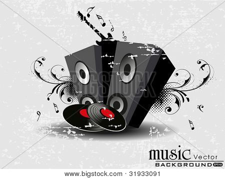 Retro music s reproduktory, CD, guitaron květinové dekorativní grungy pozadí. EPS 10. Vektorový illustar