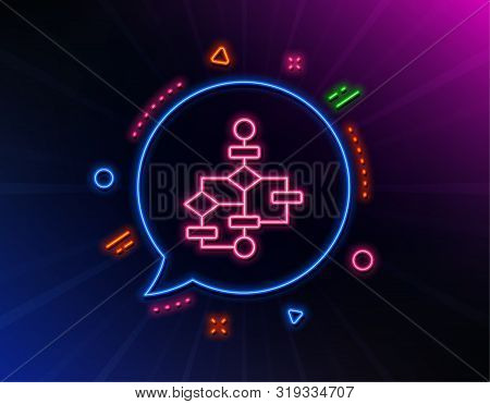 Block Diagram Line Icon. Neon Laser Lights. Path Scheme Sign. Algorithm Symbol. Glow Laser Speech Bu