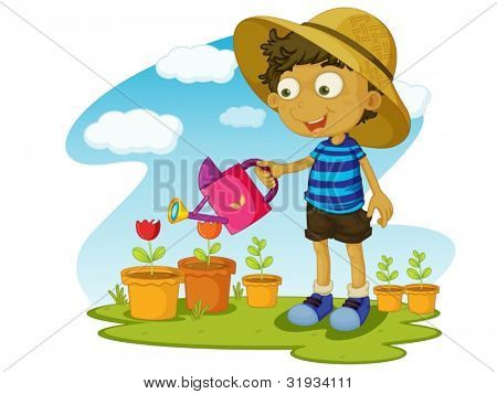 Illustration af kid havearbejde med vand