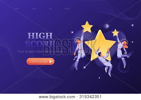 Web Page Template With Astronauts In Spacesuits Around Big Stars. Hign Score And Best Performance Co
