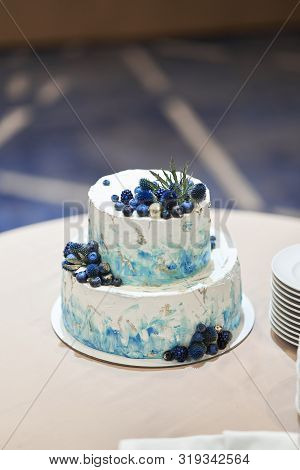 Wedding Cake With Blue Berries. Stylish Cake Decorated With Blueberries