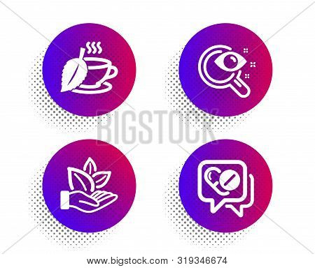Vision Test, Organic Product And Mint Tea Icons Simple Set. Halftone Dots Button. Medical Drugs Sign