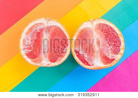 Lgbt Love, Two Grapefruits Lie On The Rainbow Flag, Censorship Of Same-sex Relationships And Marriag