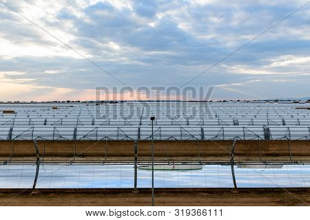 Logrosan, Extremadura, Spain - March 23, 2019: View Of The Concentrators And Solar Panels Of The Sol