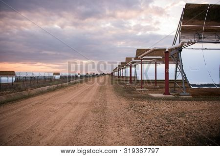 Logrosan, Extremadura, Spain - March 23, 2019: View Of The Concentrators And Solar Panels Of The Sol