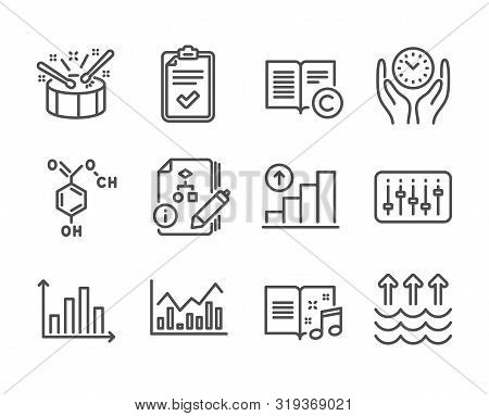 Set Of Education Icons, Such As Copyright, Graph Chart, Checklist, Safe Time, Music Book, Drums, Che