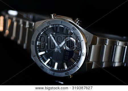 Luxury Quartz Watch With Analog Hands And A Digital Display And A Solar Battery, Tachometer.
