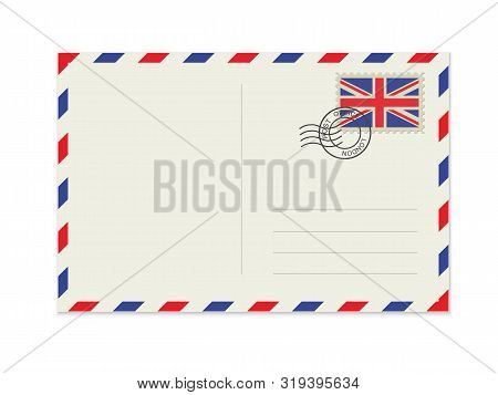 Blank Post Card With Rubber Stamp. Mockup Realistic Post Card  And Postage Stamp With Uk Flag.