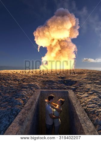 young couple hugs on the background of the explosion, 3d illustration