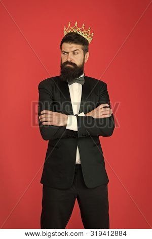 King Of Style. Man Groom In Wedding Suit. Big Boss Style. Formal Event. King Crown. Bearded Man In T
