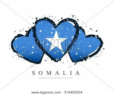 Somali Flag In The Form Of Three Hearts. Vector Illustration On A White Background. Brush Strokes Ar