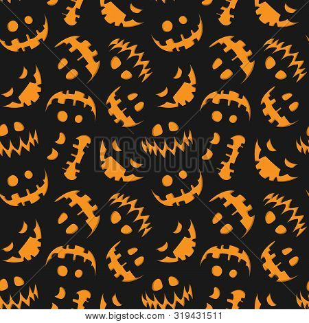 Seamless Halloween Pattern. Scary Halloween Pumpkins Faces. Holiday Design For Greeting Card, Gify B