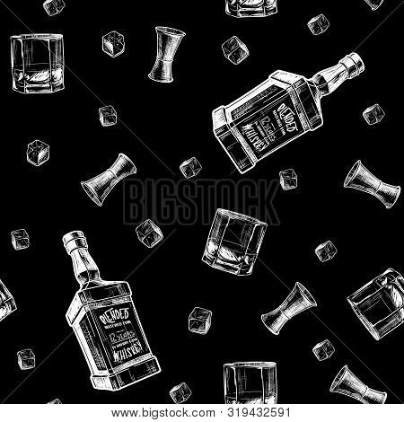 Ingredients For The Best Whiskey Taste. Bottles, Jigger, Glasses And Ice Cubes. Seamless Pattern. Ep