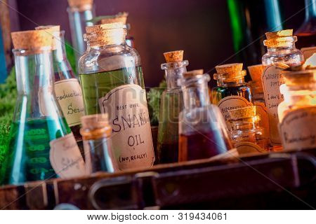 Snake Oil Handwritten Potion Label. Fake Remedy, Homeopathy, And Unscientific Medicine Concept.
