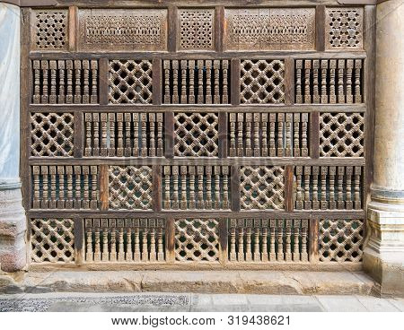 Front View Of Interleaved Wooden Arabisk Wall - Mashrabiya, Facade Of Public Historic Mosque Of Amir