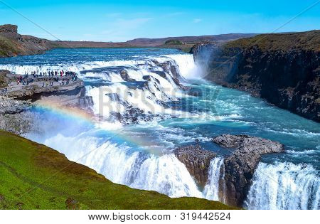 Gullfoss, Iceland, Golden Ring Area,  View Of The Gullfoss Waterfalls With Visitors On The Left