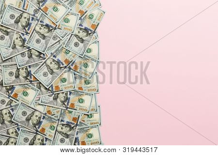 Dollar Bills A On A Light Colored Background. Copy Space, Top View Business Concept