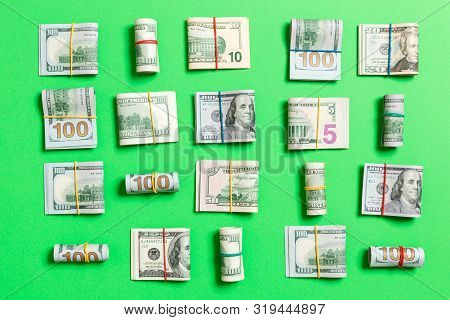 Money Background With American Hundred Dollar Bills On Top Wiev With Copy Space For Your Text In Bus