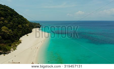 Coast With Sandy Beach With Tourists And Clear Blue Sea Top View, Puka Shell Beach. Boracay, Philipp