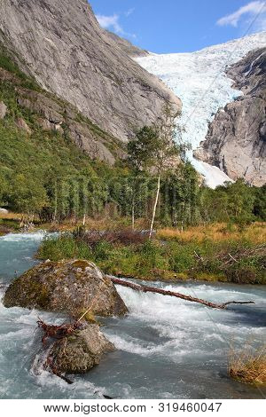 Norway Nature, Jostedalsbreen National Park. River Originating From Briksdalsbreen Glacier In Briksd