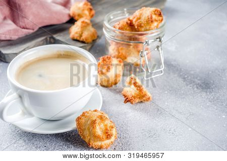 French Coconut Cookies Congolais With Coffee Mug, Grey Stone Or Concrete Background Copy Space