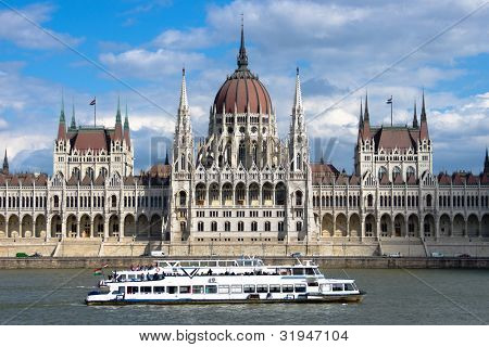 Budapest: una barca visite passa davanti all'edificio del Parlamento ungherese simmetrico