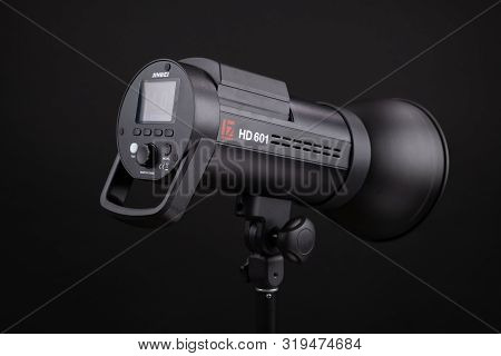 Photo Studio Strobe Light Flash Bulb Monoblock. Close Up View Of Professional Studio Strobe Flash La