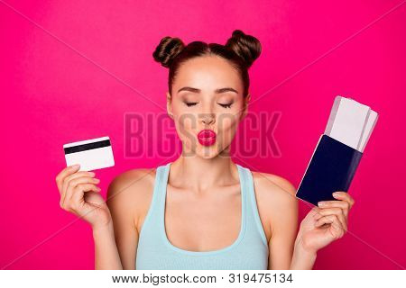 Pretty Lady Cool Resort Tickets Hands Send Air Kiss Boyfriend Wear Casual Outfit Isolated Pink Backg