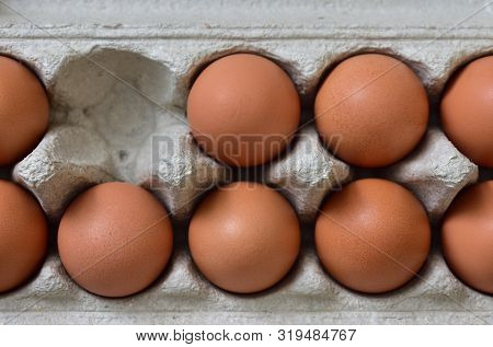 Chicken Eggs In A Box. One Egg Is Missing.