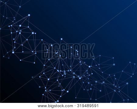Big Data Cloud Scientific Concept. Network Nodes Plexus Dark Blue Background. Tech Vector Big Data V