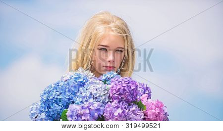 Springtime Bloom. Pollen Allergy. Gentle Flower For Delicate Woman. Girl Tender Blonde Hold Hydrange