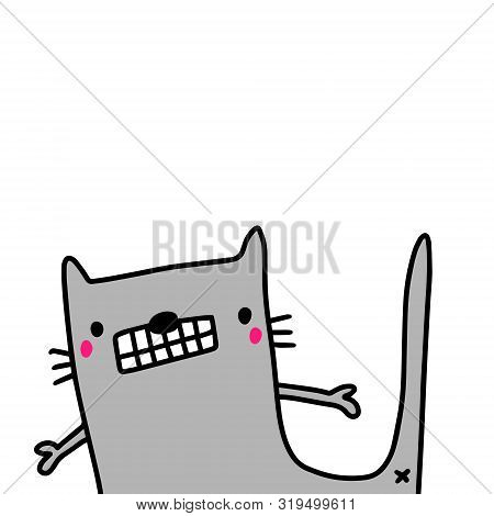 Grey Cat Apologizing Sorry Hand Drawn Illustration In Cartoon Style