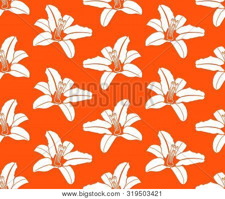 Vector Seamless Texture With Daylily Flower Pattern On Orange Background
