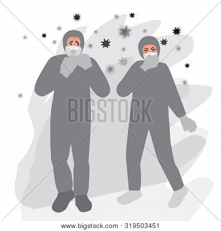 People In A Respirator And Protective Suit Are Protected From Radiation And Radioactive Chemical Con