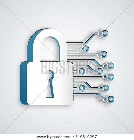 Paper Cut Cyber Security Icon Isolated On Grey Background. Closed Padlock On Digital Circuit Board. 