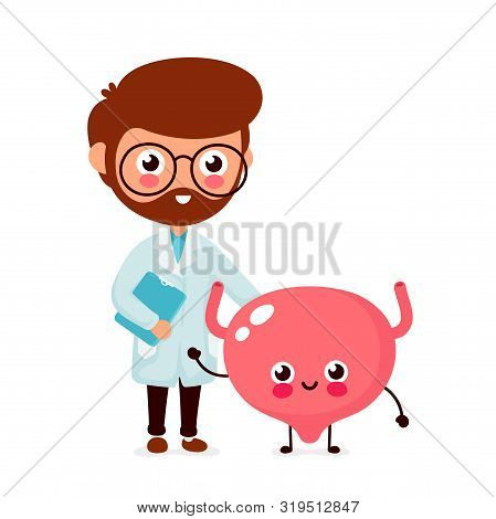 Cute Funny Smiling Doctor Urologist And Healthy Happy Bladder.healthcare,medical Help. Vector Flat C