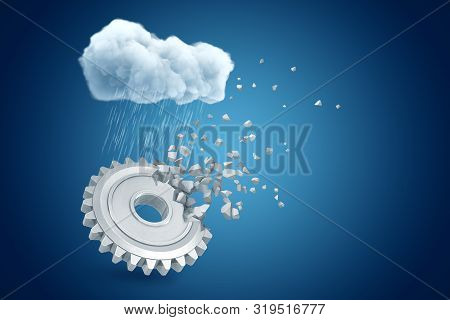 3d Rendering Of Big Metal Cogwheel Starting To Dissolve From One Side, Under Raining Cloud On Blue G