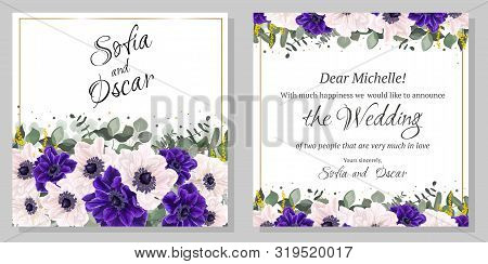 Floral Template For A Wedding Invitation. A Border Of Blue And White Anemones, Eucalyptus, Green Lea